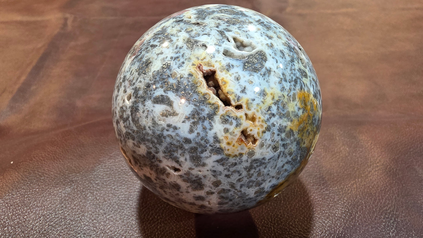 Marcasite in agate sphere